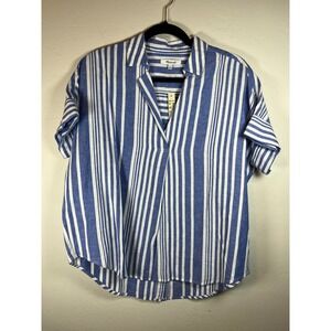 Madewell Striped Linen Cotton V Neck Short Sleeve Button Up Shirt Women's‎ S